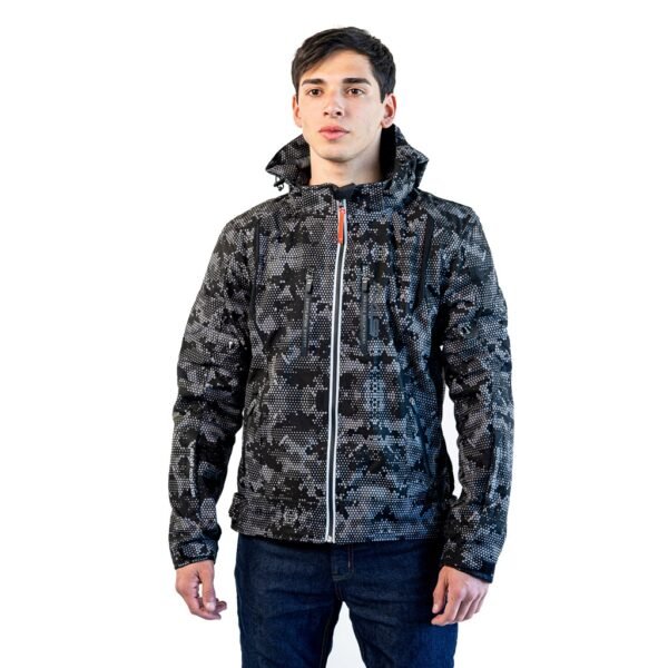 CAMPERA STAV PHANTON SOFTSHELL CON CAPUCHA NEGRA, GRIS