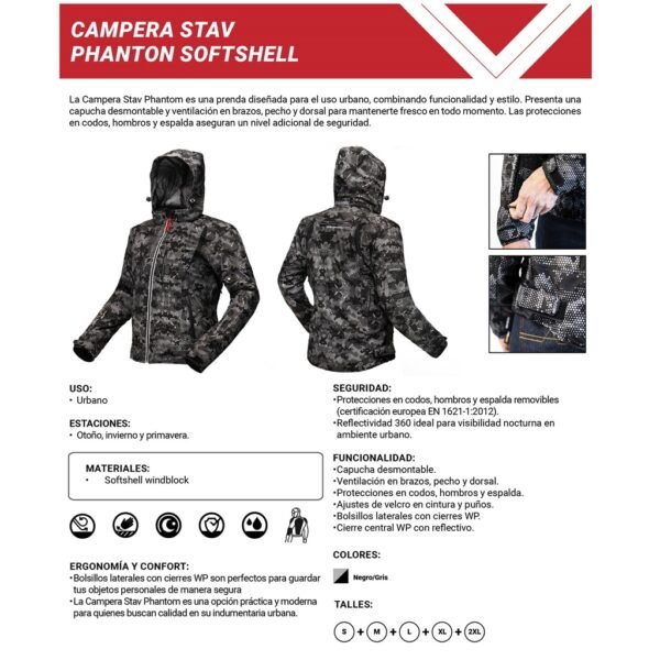 INFO CAMPERA STAV PHANTON SOFTSHELL CON CAPUCHA NEGRA, GRIS